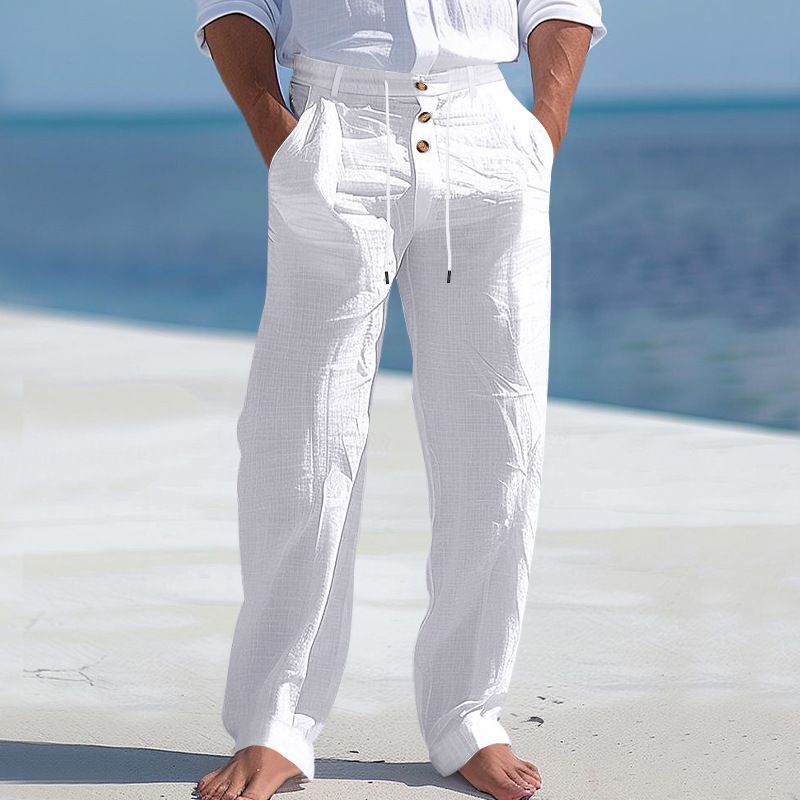 Men's Bottoms Pants Casual American Men's Cotton Linen Pants Button Decoration Drawstring Summer Beach Pants Straight Tube Solid Color Breathable Pants