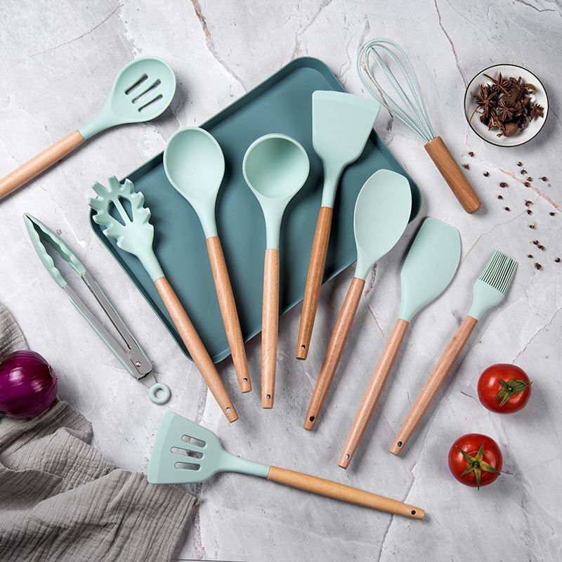 Silicone Kitchenware 11 Piece Set of Wooden Handle Kitchenware Combination Non Stick Pan Specific Spatula Set High Temperature Resistant Silicone Kitchenware Pot Shovel Leakage Shovel Draining Spoon Scraping Spoon Soup Spoon Oil Brush Scraper Whisk Food Clip Storage Bucket