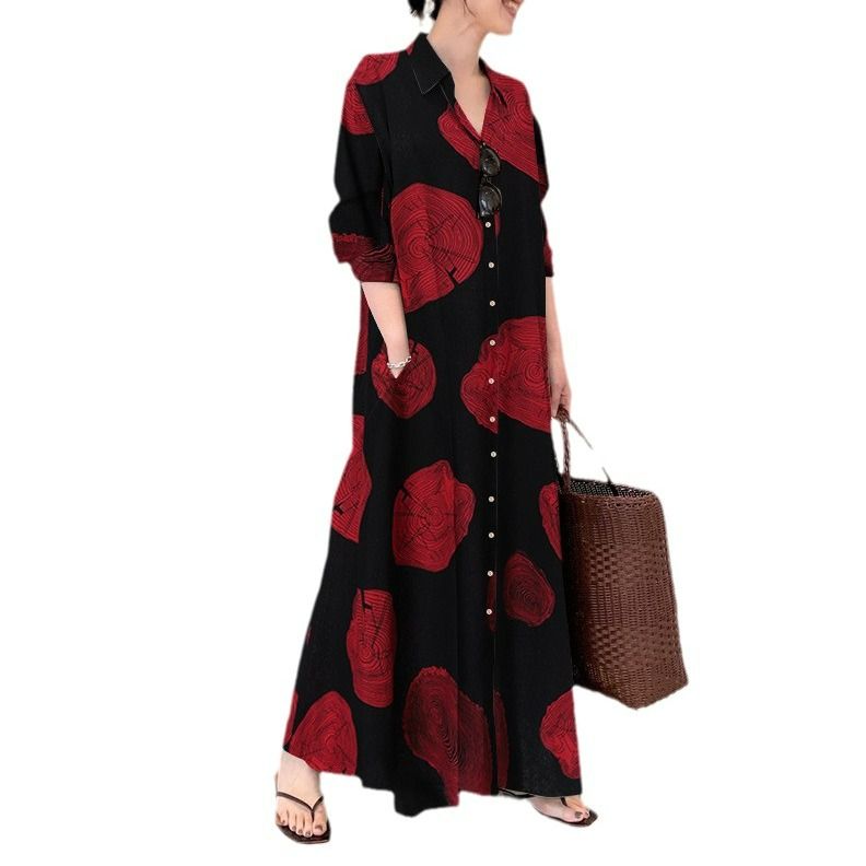 plus size women's clothing Muslim cotton and linen printed long-sleeved simple, loose and casual long shirt.