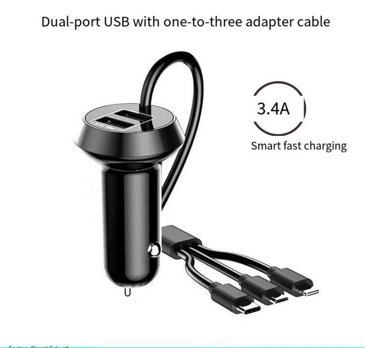 2026 New 3-in-1 Multi-Function Car Charger with Built-in Charging Cable, Dual USB Port Fast Charging Car Cigarette Lighter Charger, Universal Portable Vehicle Phone Charger Adapter for All Cell Phones Auto Supplies
