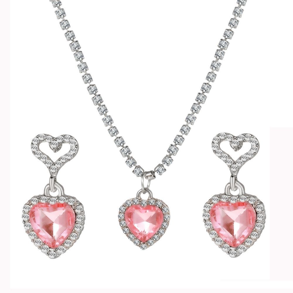5847701HB Sparkling Fashion Pink Heart Pendant Necklace Earrings Set for Women Romantic Y2K Jewelry Set LOVE Anniversary Gift Trendy