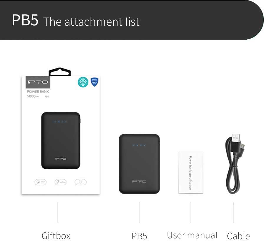 IPRO FB5 Portable Powerbank Mobile Phone Charger Ultra Compact Charger Power Bank 5000mAh External Battery Pack Dual Output Port with LED
