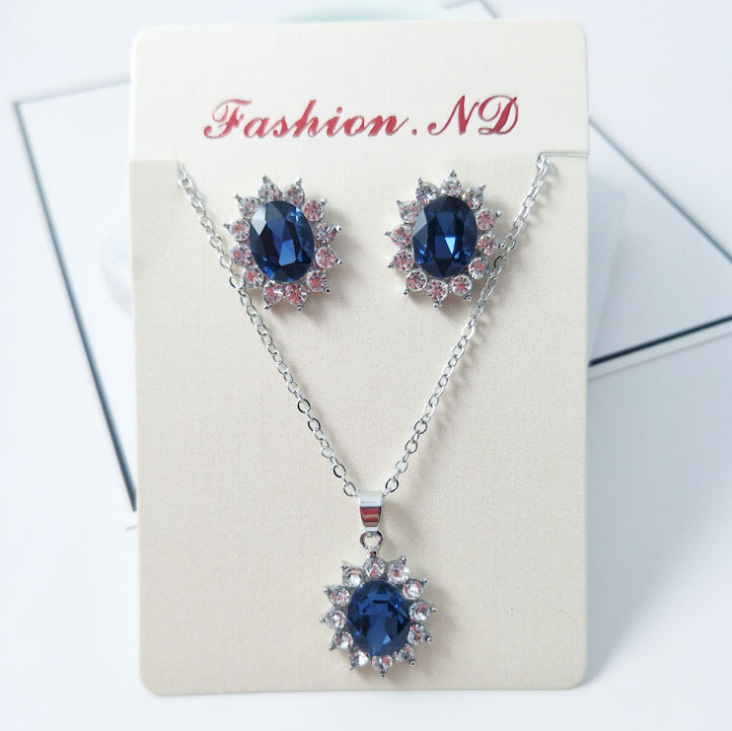 00101-1 Elegant Blue Sapphire Necklace Earrings Bride Jewelry Set For Women