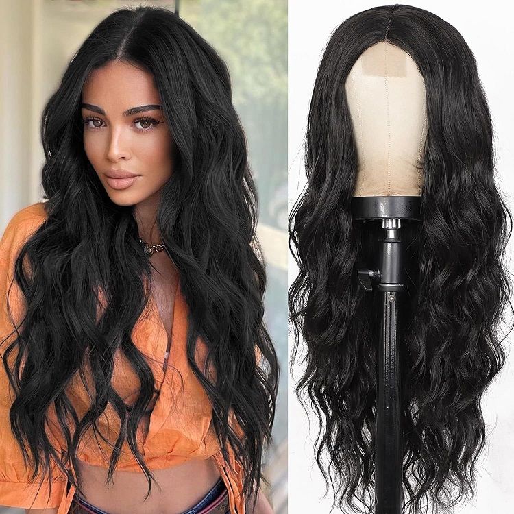 Long Wavy Synthetic Wig for Women, Natural Black Body Wave Lace Front Wig, Heat Resistant Fiber, Middle Part, Natural Looking, Daily Wear & Party Use, Easy to Style