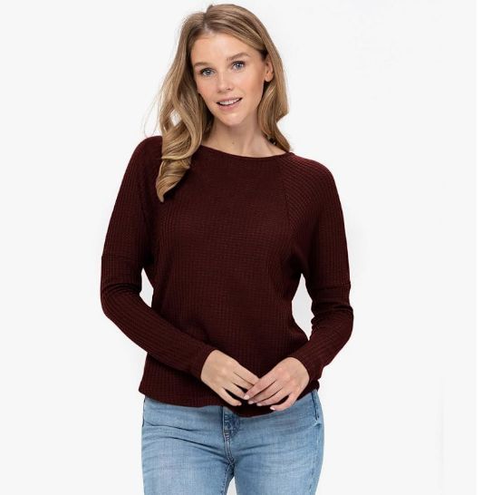 Women's Long Sleeve Cut Out Waffle Knit Sweater Boat Neck - Solid Color Sweatshirt For Women 