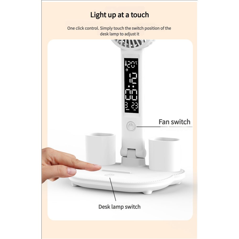 LED Desk Lamp with Fan Desk Lamp for College Dorm Room Desk Lamp with USB Charging Port Adjustable and Dimming LED Four-Head Desk Light with Clock Date Pen Holders Temperature