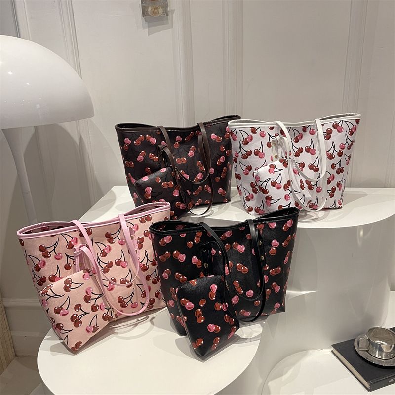 Women's 2026 Cherry Print Tote Bag, Large Capacity PU Leather Shoulder Handbag with Matching Pouch, Casual Daily & Travel Bag in Black, White, Brown, Pink
