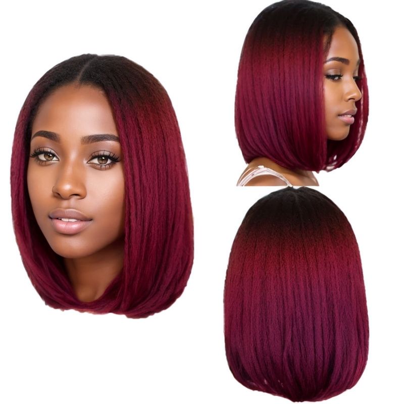 Wigs Gradient Short Straight Hair Black gradient burgundy CRRSHOP Stained Bobo wig Short straight black gradient burgundy wave head Wig cover