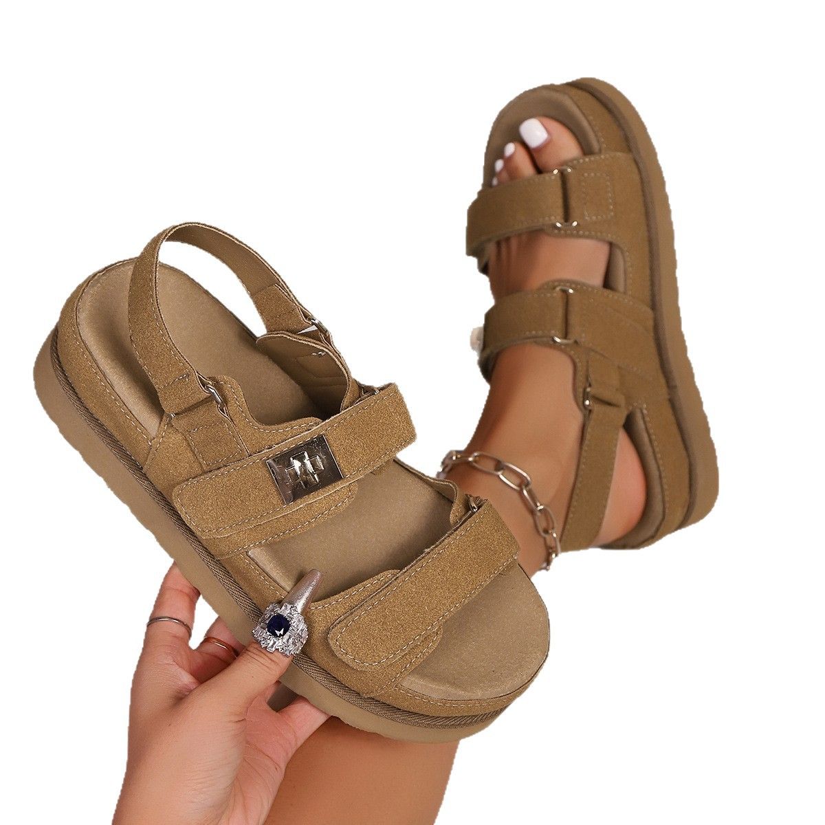 2025 Summer Platform Velcro Sandals Women's Large Size Birkenstock Style Soft Footbed Slippers