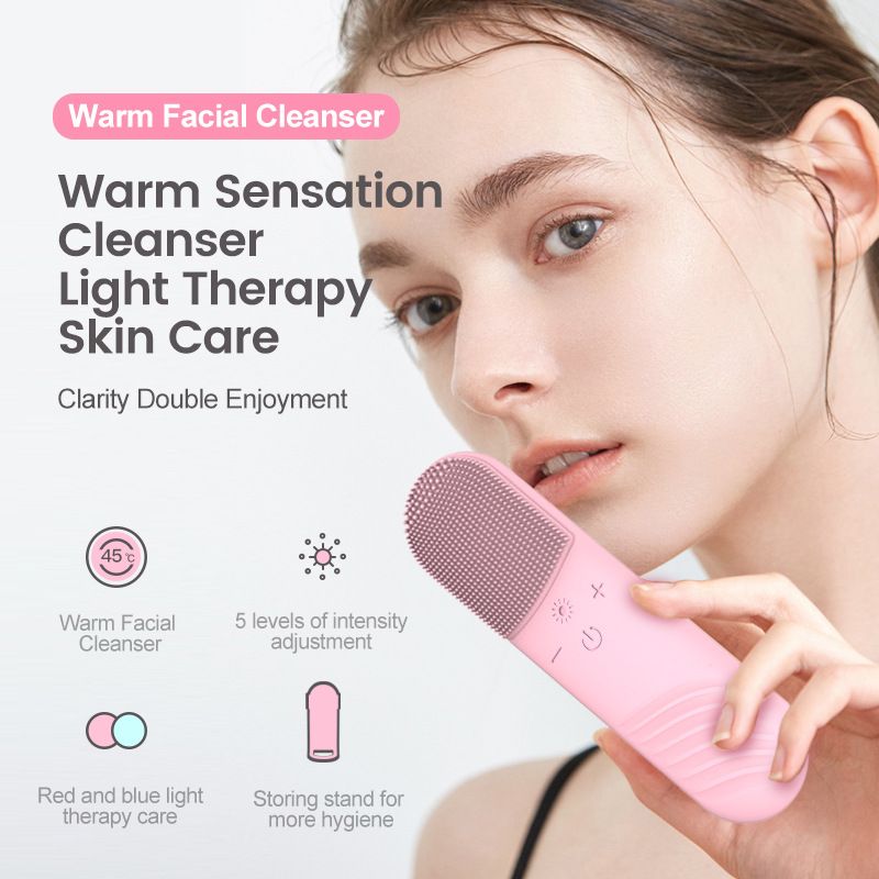 Electric Silicone Facial Cleanser, Ultrasonic Vibration Face Brush, Red Blue LED Light Photon Therapy, Skin Care Essence Import Device, Rechargeable Waterproof Facial Beauty Massager for Deep Pore Cleansing Blackhead Removal