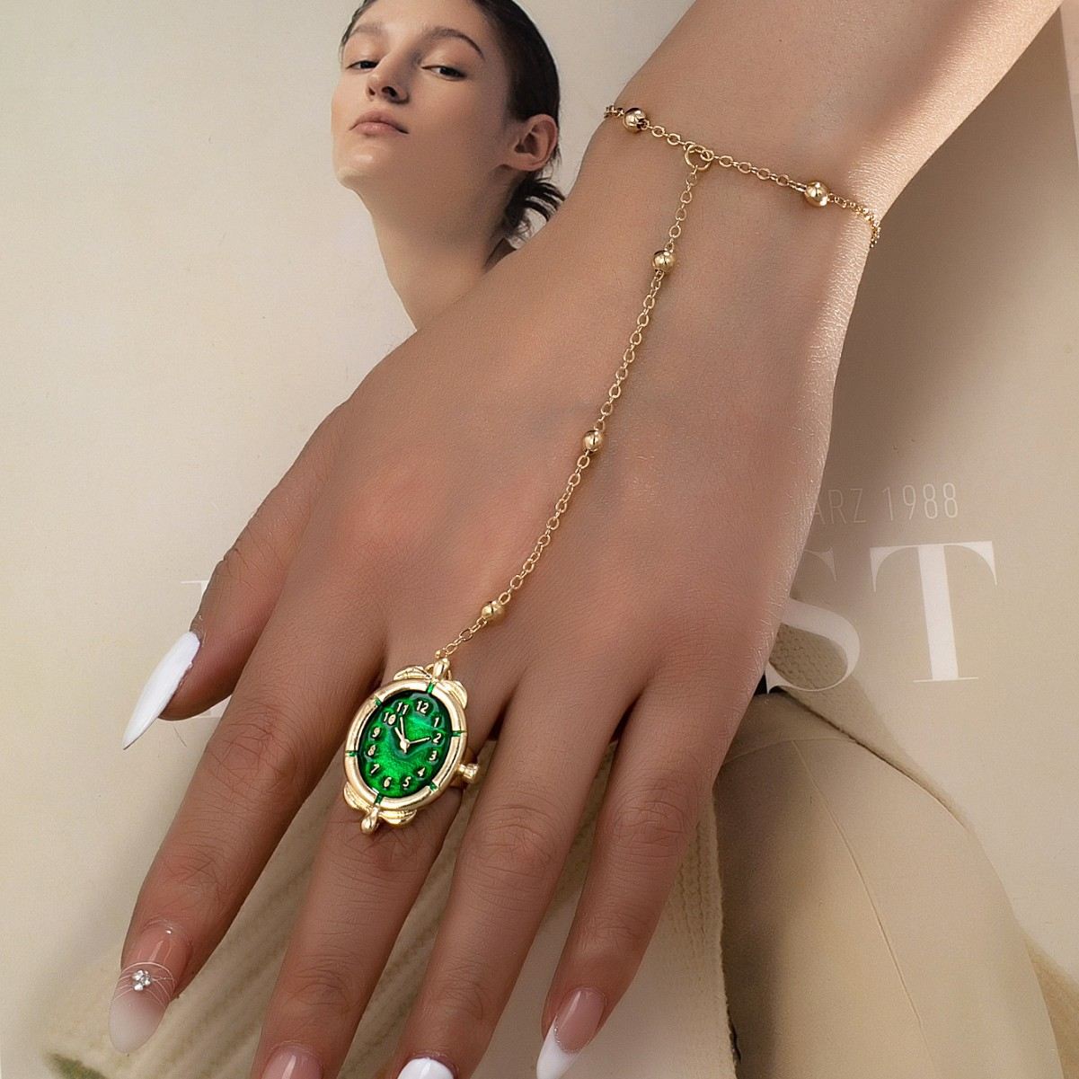 Vintage Style Watch Charm Hand Chain Bracelet with Ring, Multi-Color Enamel Dial Design, Adjustable Gold Tone Link, Unique Sweet & Cool Style Jewelry for Women
