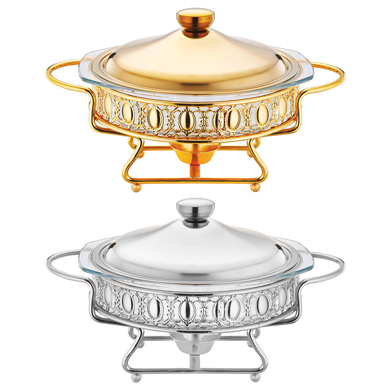 YG-YXBLCL Food Warmers Golden Round Glass Buffet Stove, Food Heating Container Table Dry Hot Pot Alcohol Stove 2.0L