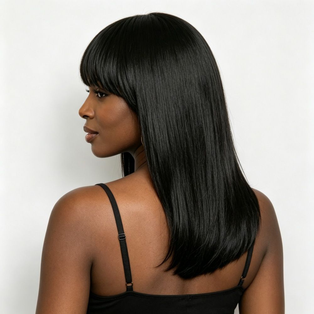 Women Machine Made Synthetic Medium Straight Bob Wig with Full Bangs, Smooth Silky Full Head Hairpiece for Daily Dating Street Party Cosplay
