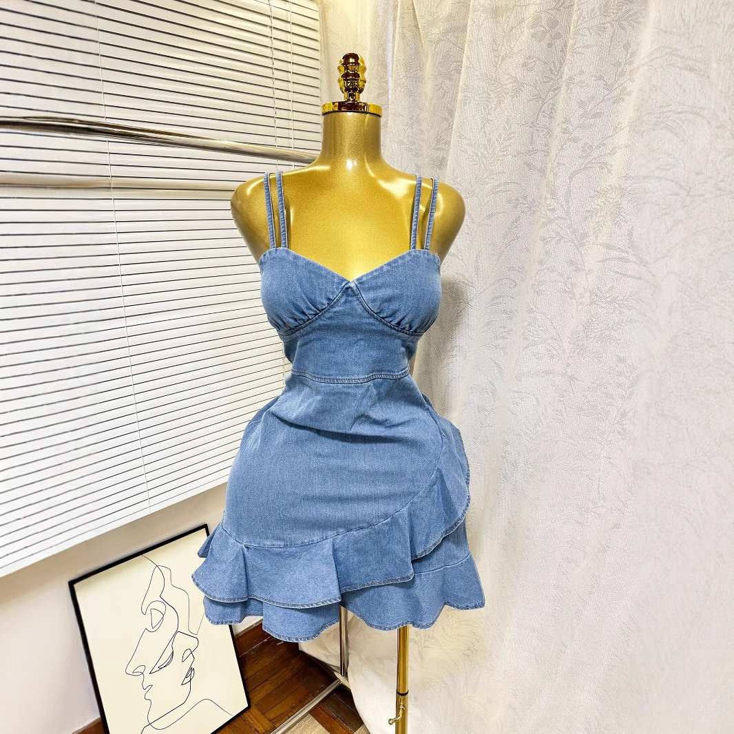 Summer Women Sexy Denim Mini Dress, Sleeveless Cami Spaghetti Strap Dress, Elastic High Waist Bodycon Skirt, Ruffle Hem Slim Fitting Hip Wrap Short Dress for Daily Dating Party Streetwear