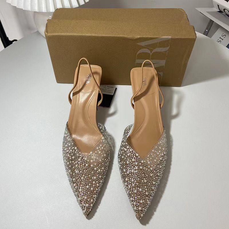 ZA2024 summer new pointy pearl PVCR back trip slingback fashion sandals women's single shoes