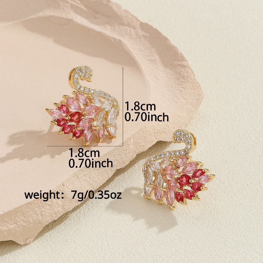 Luxury Gradient Color Zircon Swan Stud Earrings Gold Plated Anti-fade Animal Shape Piercing Earrings Elegant Sweet Romantic Inlaid Multicolored Crystal Ear Jewelry For Women Daily Party Wedding Accessory Non-allergic Durable Fashion Statement Ear Ornament Gift For Female Friend
