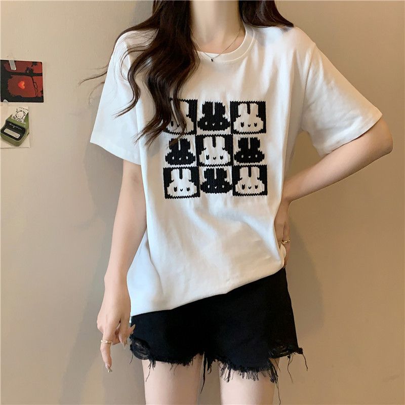 YF7802 Cotton Round Neck Street wear Pullover Short Sleeve Printed T-shirt Women's Tee Shirts