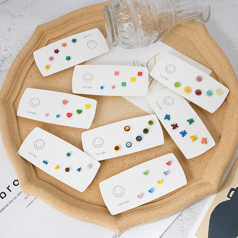 Women's Colorful Floral Love Button Square Multi Pair Earrings Jewelry Gift