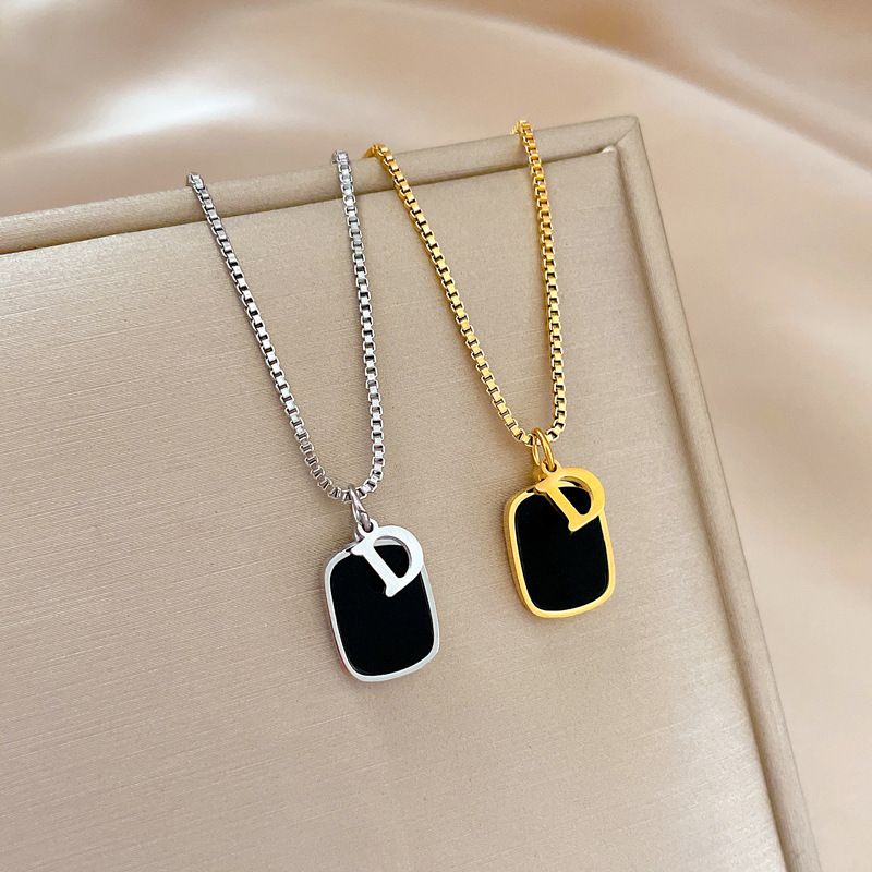 Women Full Solid Titanium Steel Square Tag Letter D Pendant Clavicle Chain Furnace Real Gold Plated Silver Two Tone Minimalist INS Black Enamel Necklace Waterproof Anti-Fade Hypoallergenic Fashion Neck Jewelry For Daily Dating Party Banquet Ladies Gift Accessories

