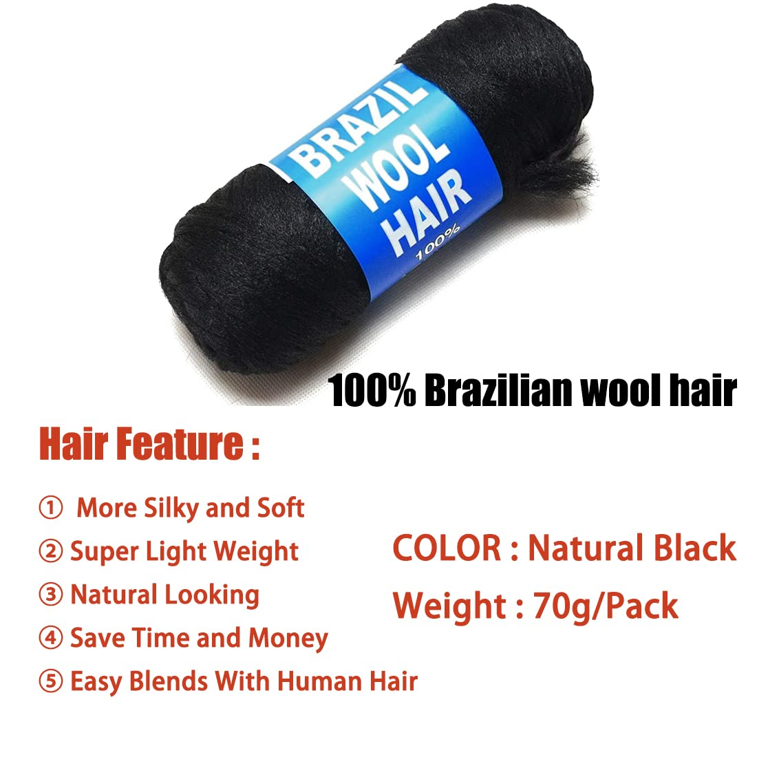 Brazilian Wool Hair 12 Roll Black Acrylic Yarn for African Hair Braiding Sengalese Twisting Jumbo Braids/Crochet Faux Locs/Wraps/Dreadlocks