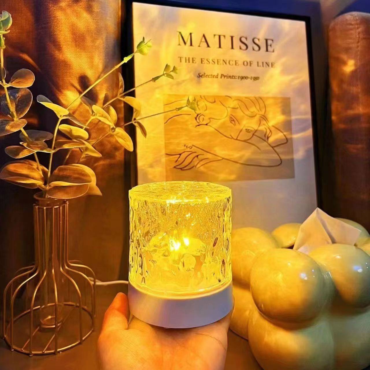 Round Crystal Table Lamp Dynamic Flame Water Wave Projection Light Dreamy Decorative Night Light Indoor Ambient Lamp for Room Bedroom Home Decoration