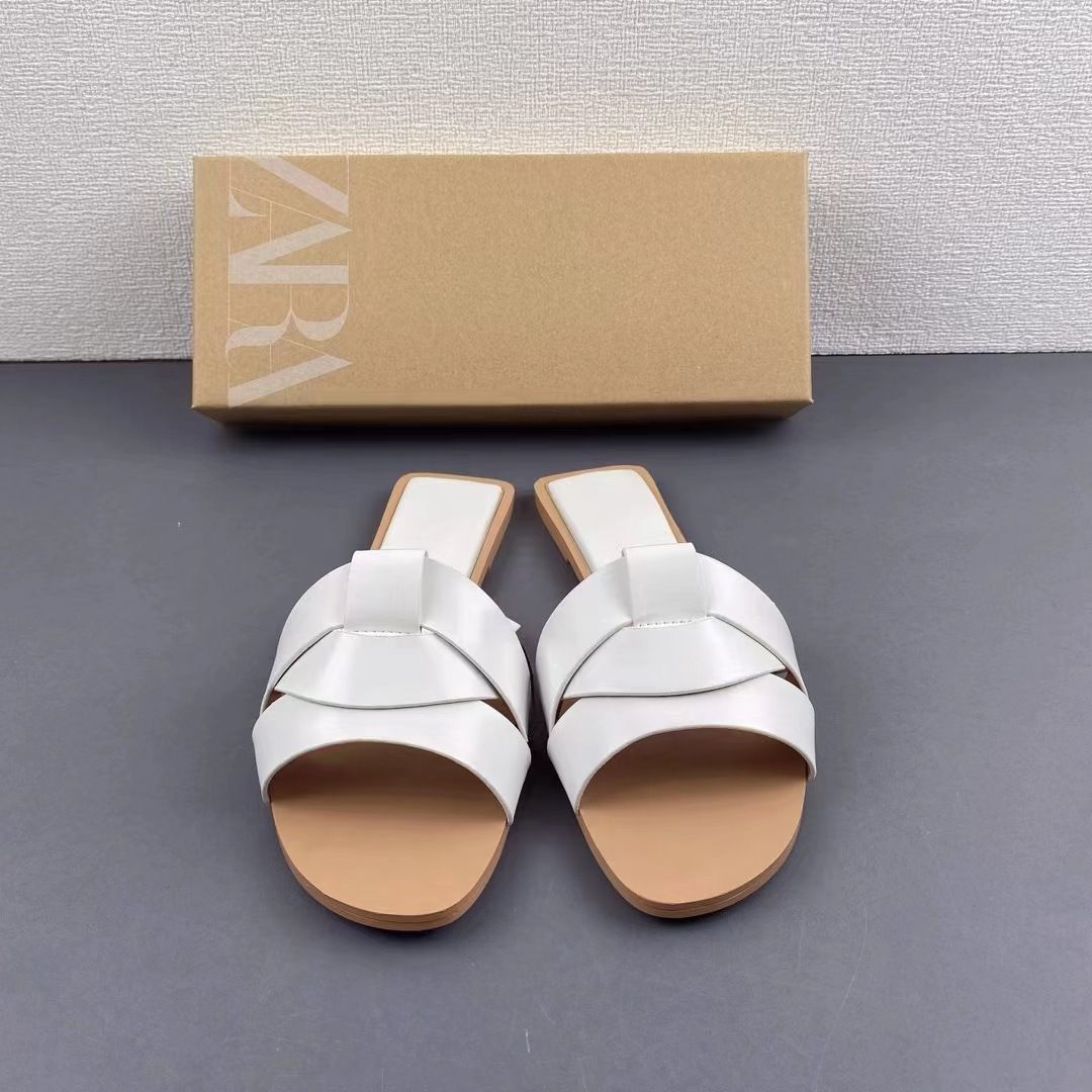 ZA2024 summer new women's shoes flat cow leather sandals with flip-flops open toe after the empty beach shoes to wear