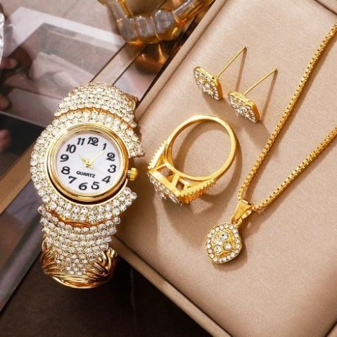 Luxury Rhinestone Women Quartz Watch Set, Elegant Sparkling Square Dial Wrist Watch, Fashion Shiny Jewelry Matching Set, Stylish Ladies Girls Accessory Kit for Daily Party Wedding Birthday Gift