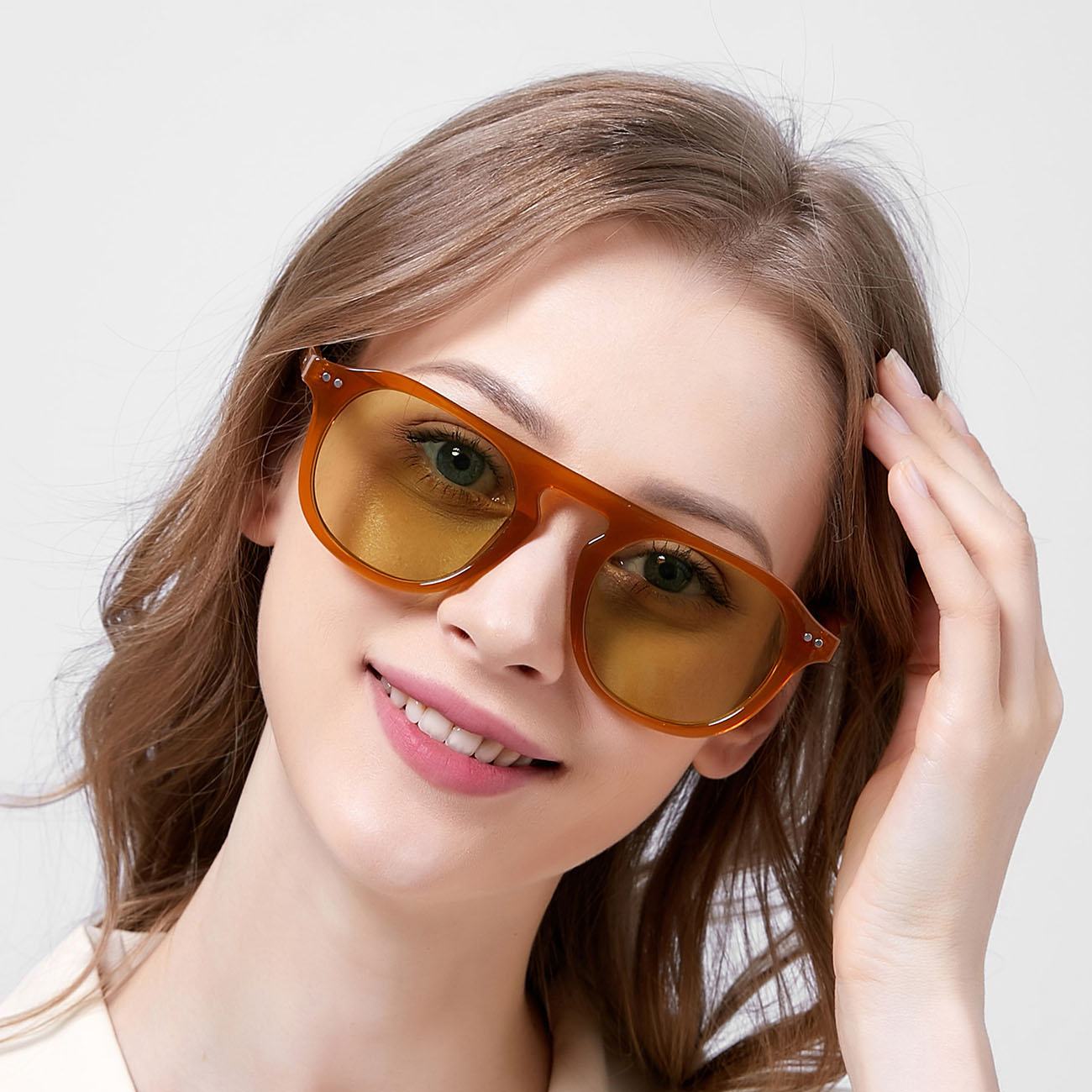 3394 Vintage Round Frame Millet Nail Sunglasses Orange Lens UV Protection Glasses Fashion Flat Top Sun Glasses