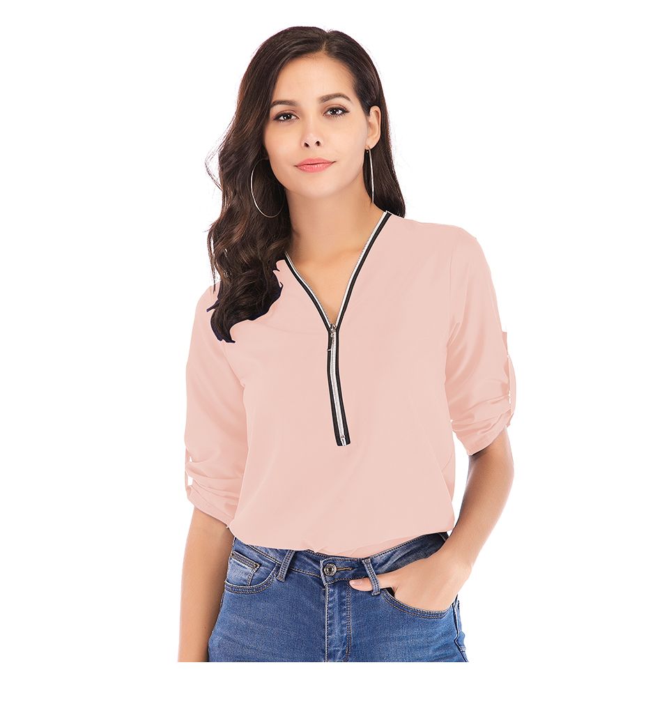 Zipper Short Sleeve Women Shirts Sexy V Neck Solid Womens Tops And Blouses Casua
