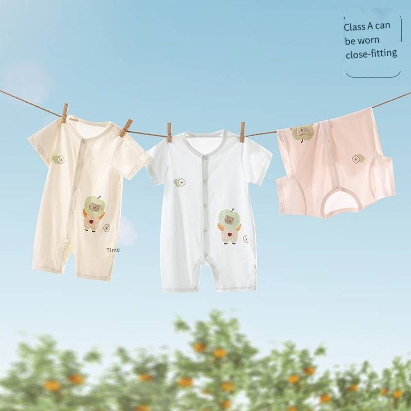 Baby Summer Ice Ceramic Cotton Romper, Short Sleeve No Bone Stitching Onesie, Breathable Infant Jumpsuit with Apple Bear Print, 66-80cm