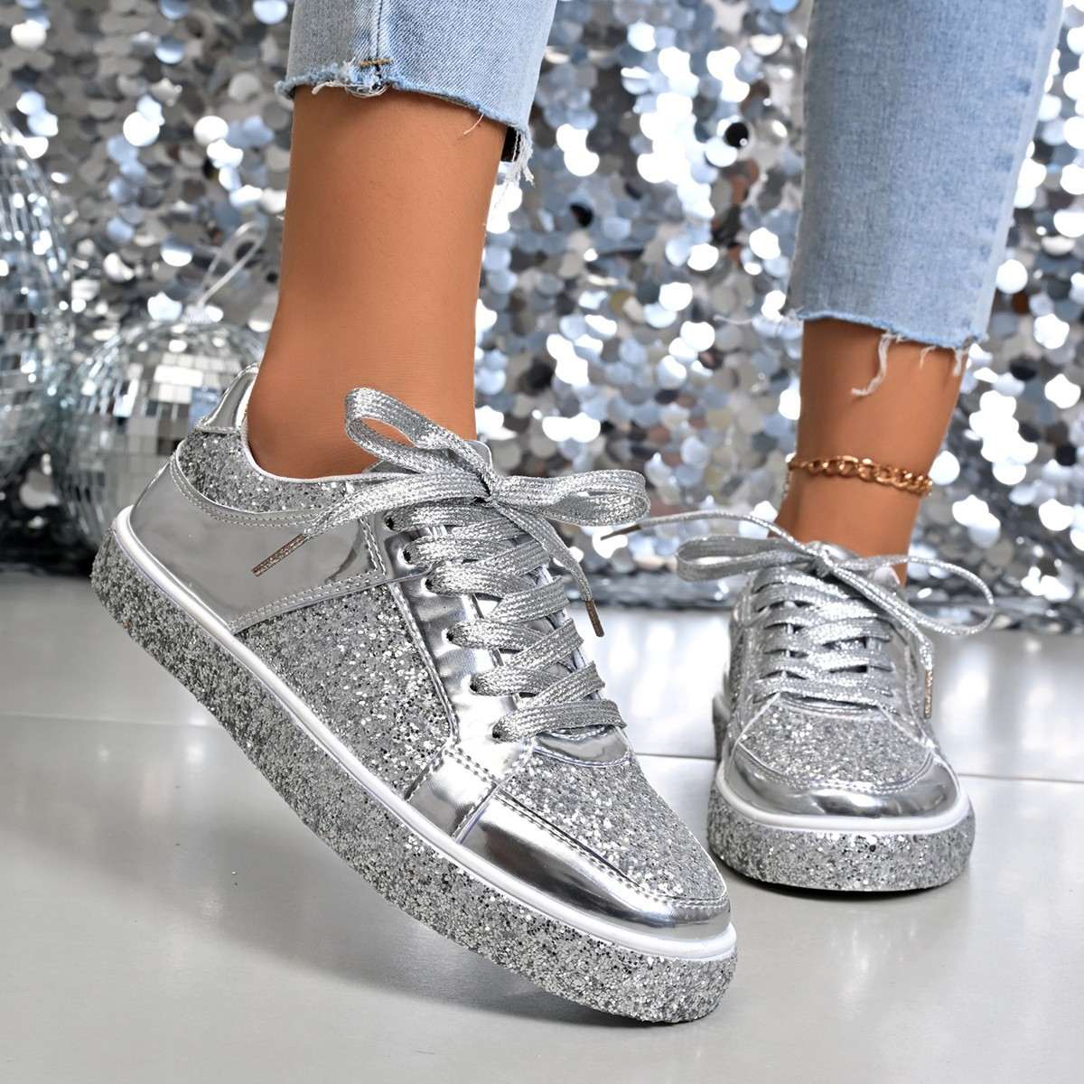 2025 Autumn New Style Sequined Lace-Up Platform Low-Top Shoes Women's Plus Size Fashion Casual Sneakers