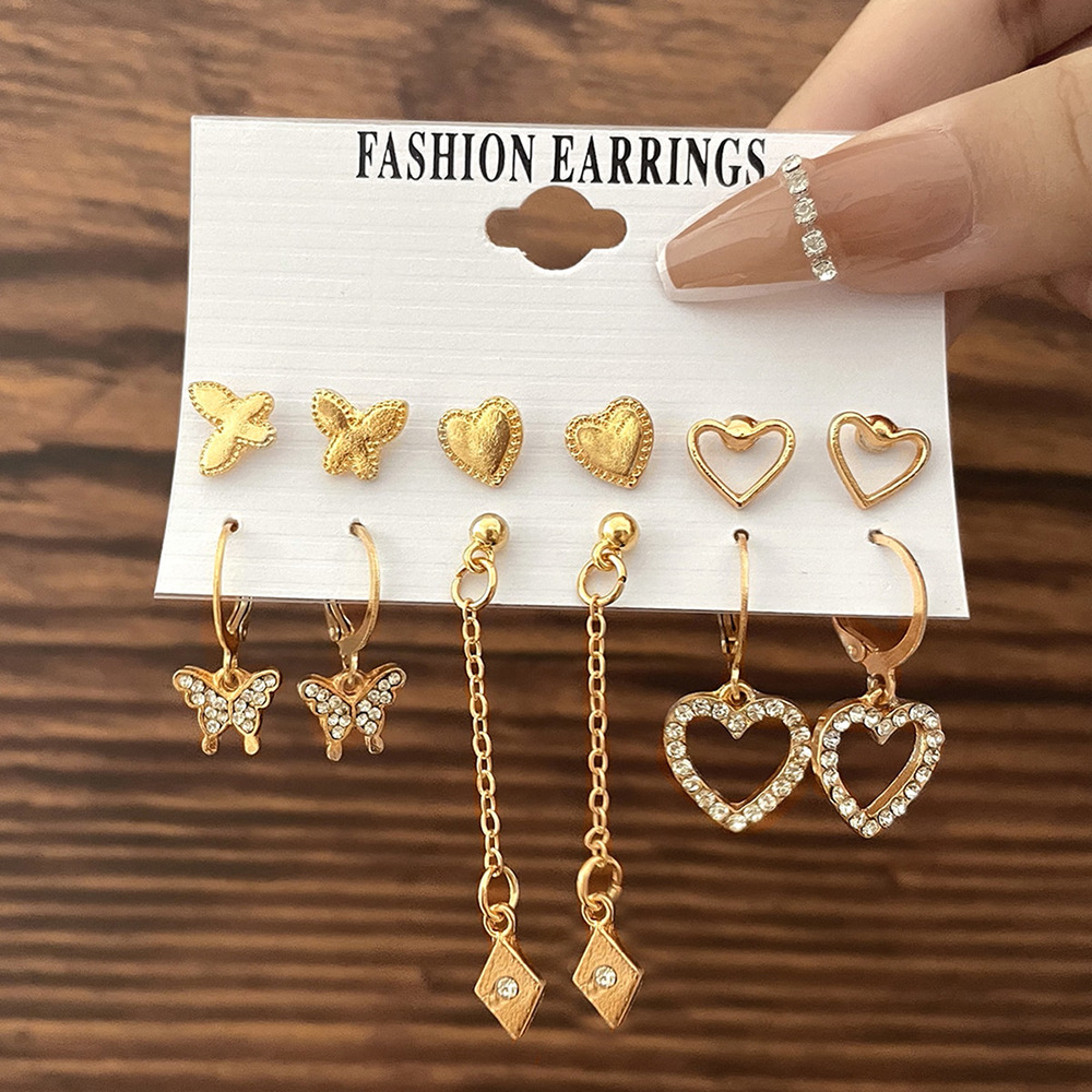 54353 55505 Vintage 6 Pairs Butterfly & Rhinestone Heart Drop Earrings Set