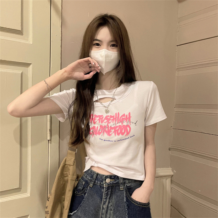 WYP-6791 Women's Fashion Loose Cutout Design Sense Printed Slim Slim Cropped T-shirtWhite