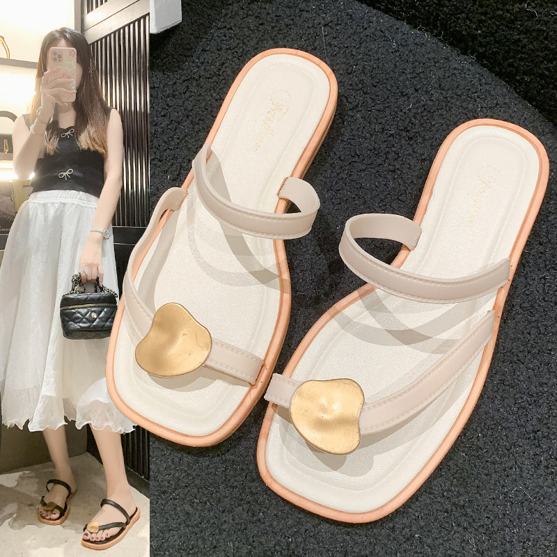 2125 New Fashionable Metal Decoration Set Toe Design Women's Slippers Home Flat Flip-flops Leisure Outdoor Beach Women's Sandals