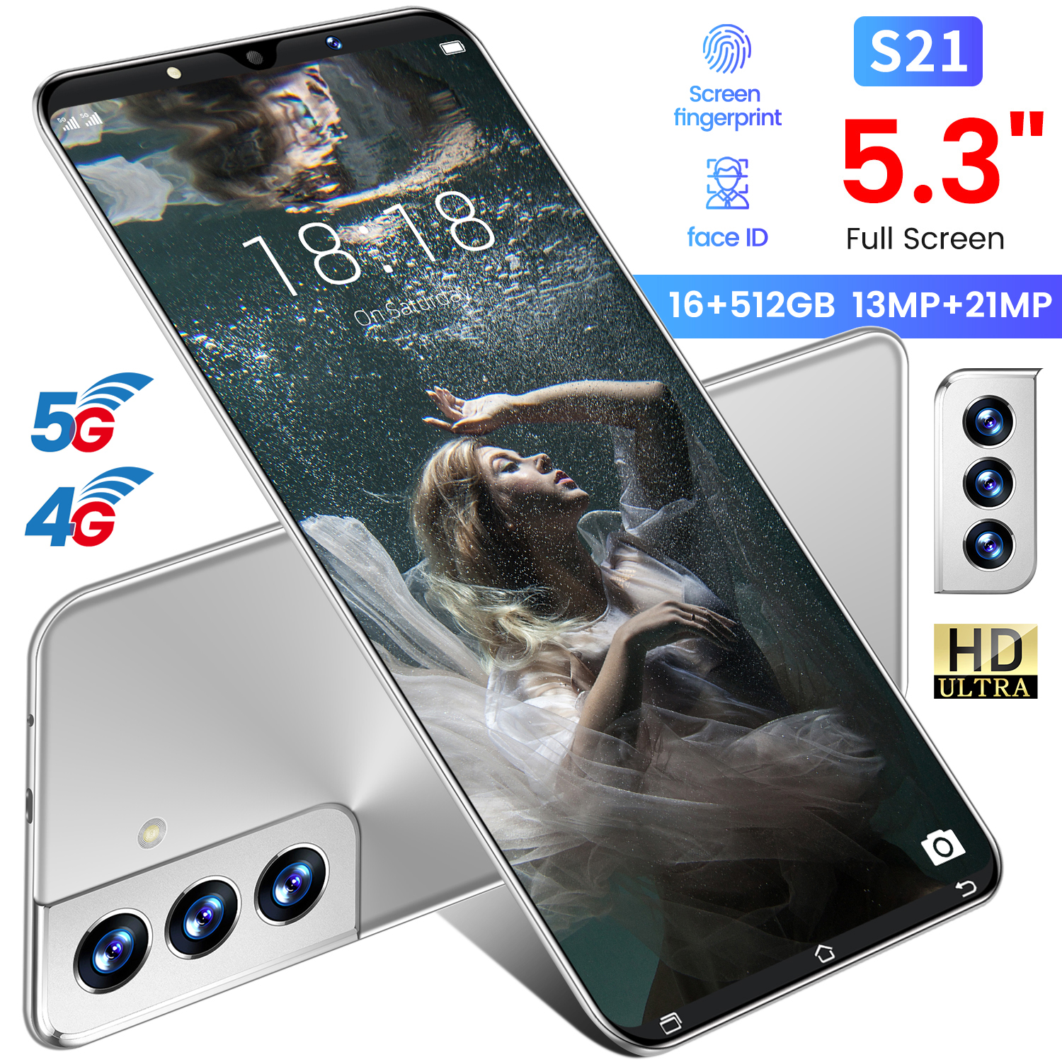 S21 5.3 Inch 5G Smartphone 16GB RAM 512GB ROM 13MP+21MP Smart Face Unlock Cell Phone Global Version 