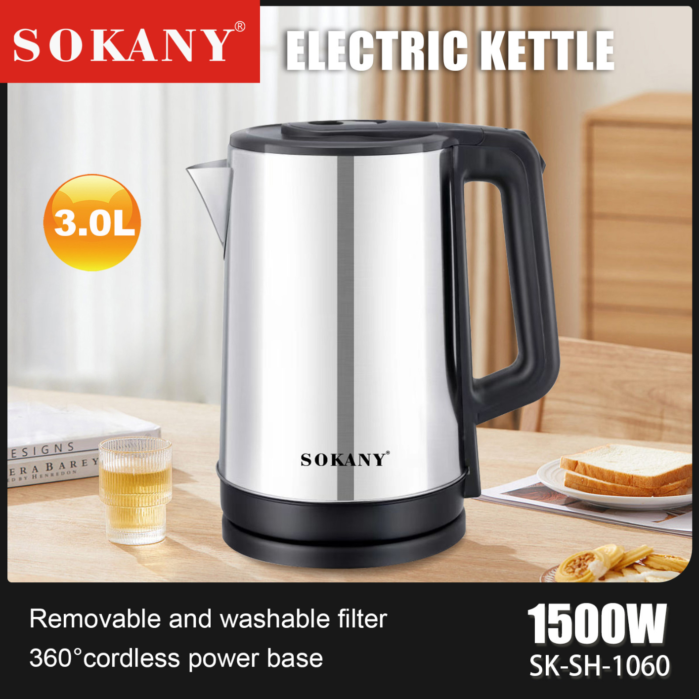 SOKANY 1060 Electric Kettle Stainless Steel with Double Wall, Wide-Open Lid 3L Electric Tea Kettle, BPA Free Water Kettle & Hot Water Boiler for Boiling Water, Auto Shut-Off & Boil-Dry Protection