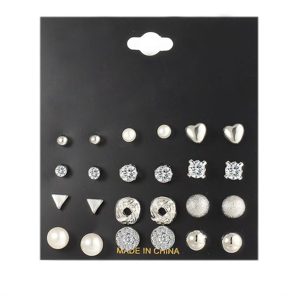 Fashion Earrings Set 12 Pairs Zircon Crystal Heart Triangle Earrings Jewelry Gold Silver