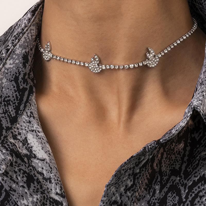 C03728 Rows Rhinestone Decor Flame Charm Choker Necklace for Women Girl Jewelry Gifts