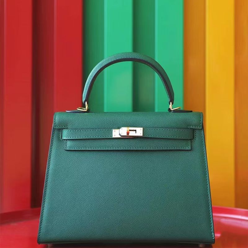 100% Genuine Leather Hermes Kelly25, Z6 Malachite Peacock Green Epsom Leather Handbag With Removable Shoulder Strap Women'S Shoulder Bag    
