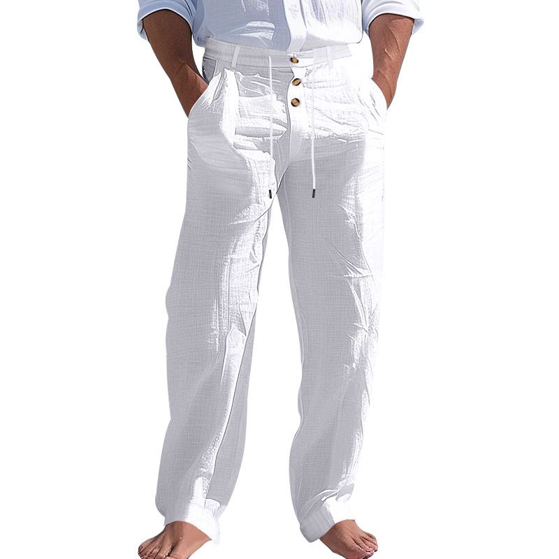Men's Bottoms Pants Casual American Men's Cotton Linen Pants Button Decoration Drawstring Summer Beach Pants Straight Tube Solid Color Breathable Pants