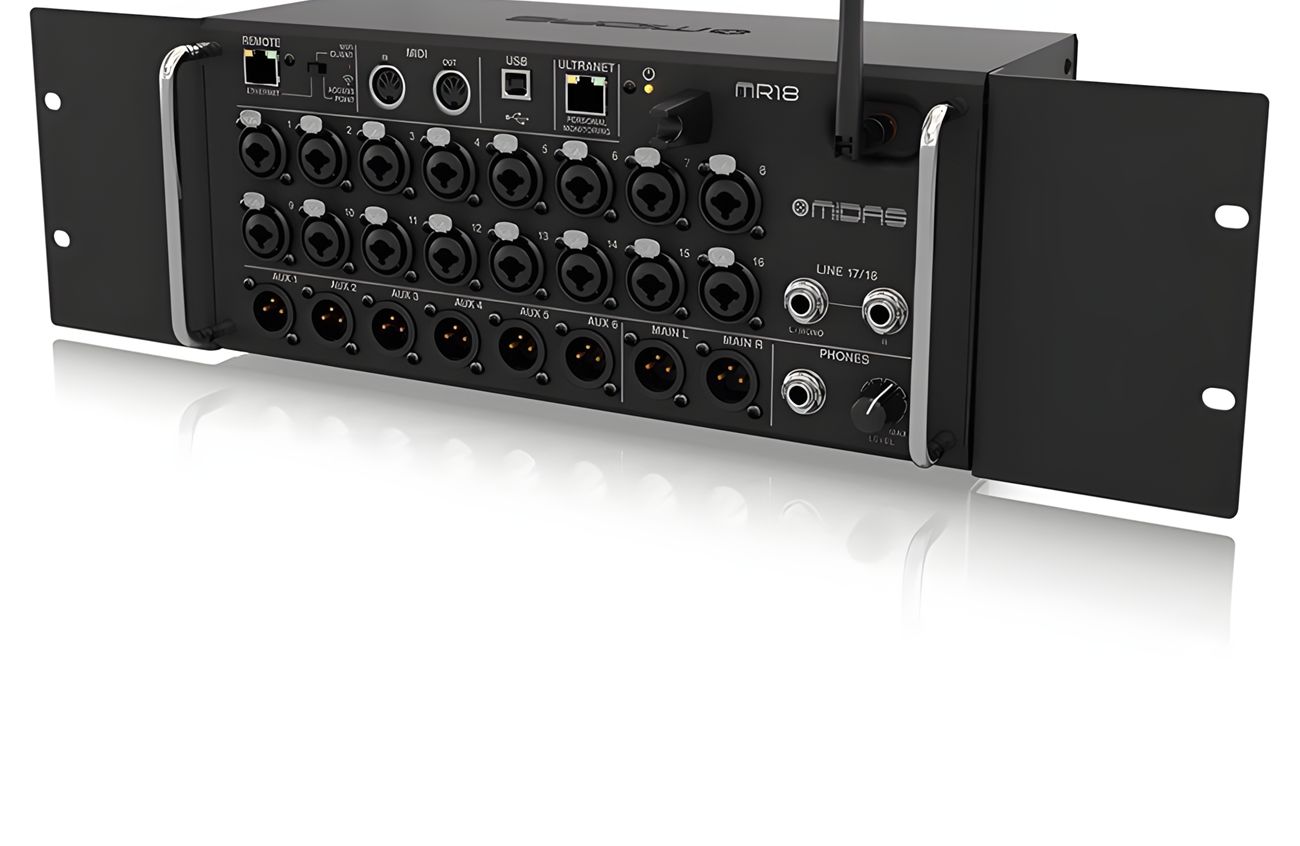 MIDAS MR18 rack-mounted digital mixing console stage performance band concert scene