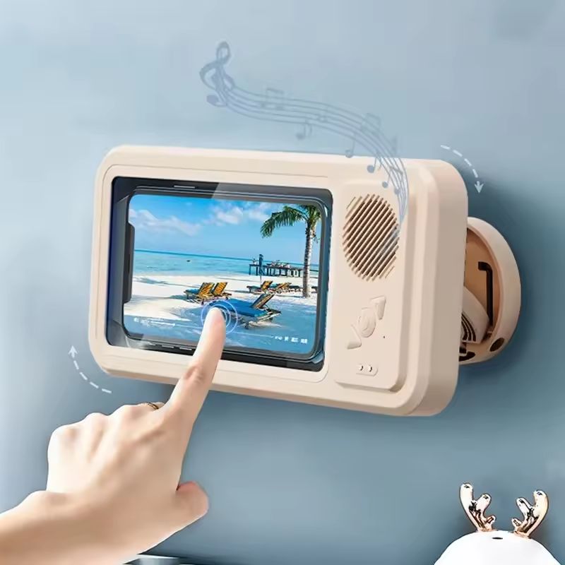 AUNONT Waterproof Phone Holder with Wireless Speaker IPX4 Shower Anti-Fog Touch Screen Wall Mount Suction Phone Stand Speaker