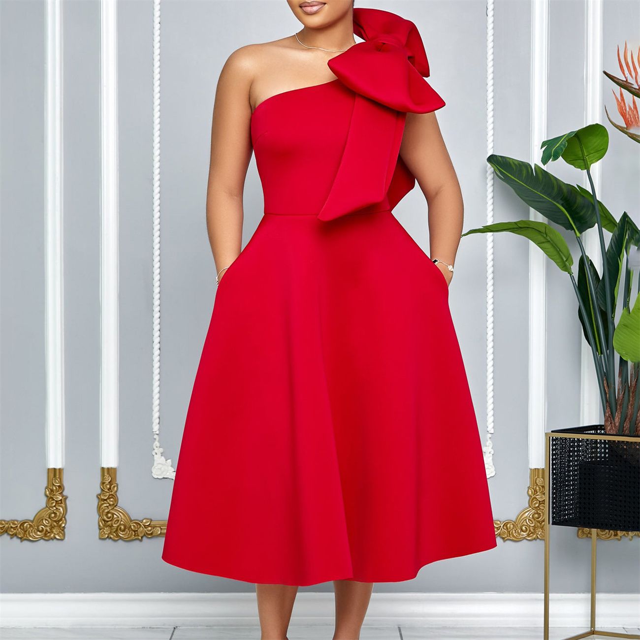 D513 Women's summer new fashion oblique shoulder bow banquet dress swing dress