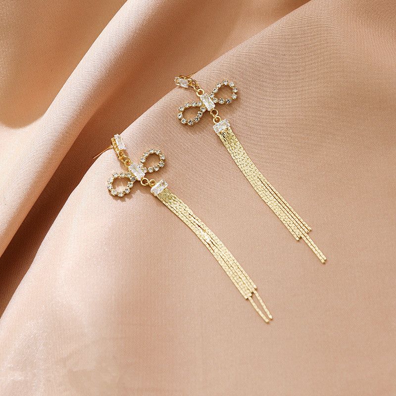 EH124 Women's New Bow Tassel Earrings Zircon Long Earrings