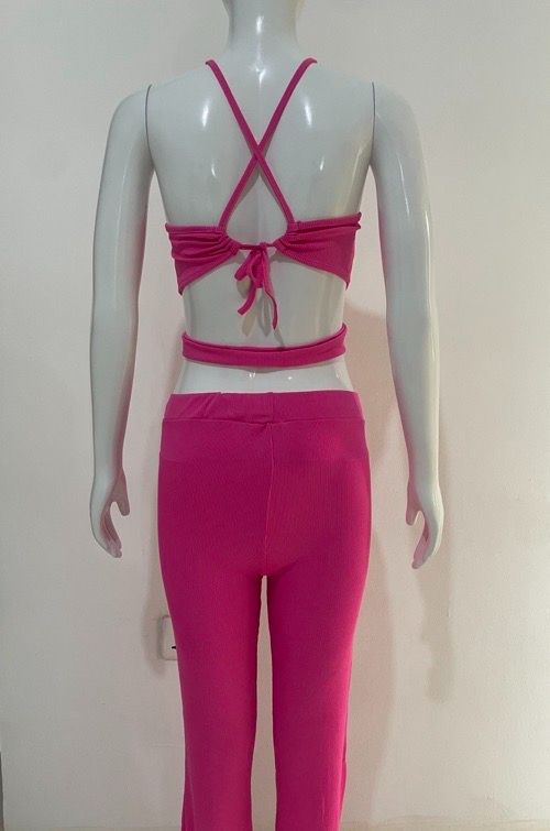 Suspenders pleated slim fit two-piece set Spice girl pleated suspenders, slacks set solid color knitted split top + bootcut slim turned-up trousers