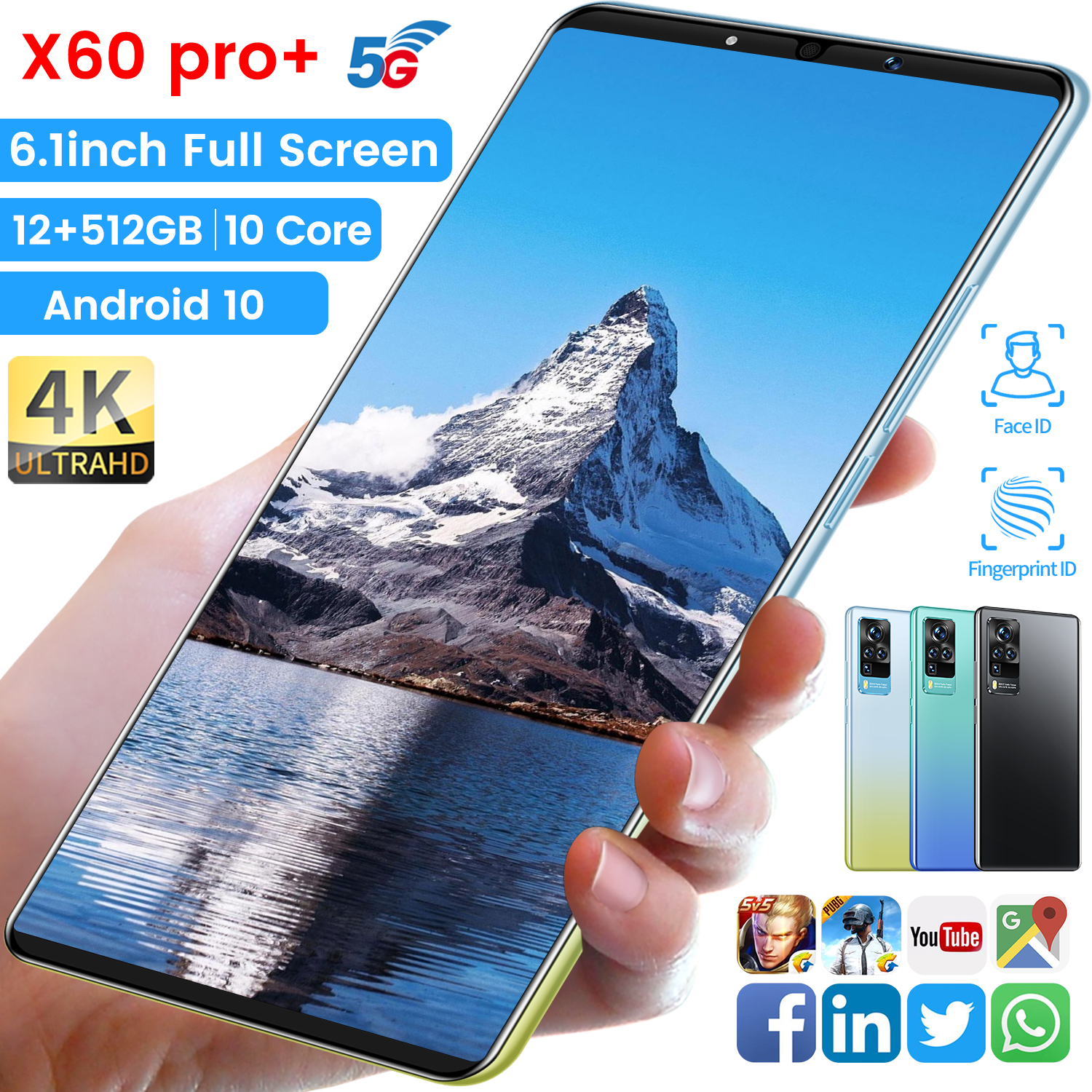 X60 Pro+ 6.1 HD Display 1440*3200 Mobile Phone Wireless WiFi 5200Mah battery Fast Charging Android 10 12+512GB Memory Smartphone