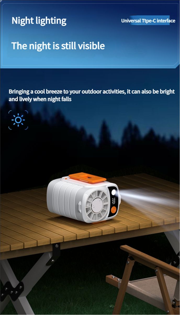 Portable belt air conditioning fan, rechargeable 3-in-1 semiconductor cooling hanging belt fan, equipped with 6000mAh battery and flashlight, three wind speeds, digital display, suitable for construction sites, outdoor, farms, fishing, camping