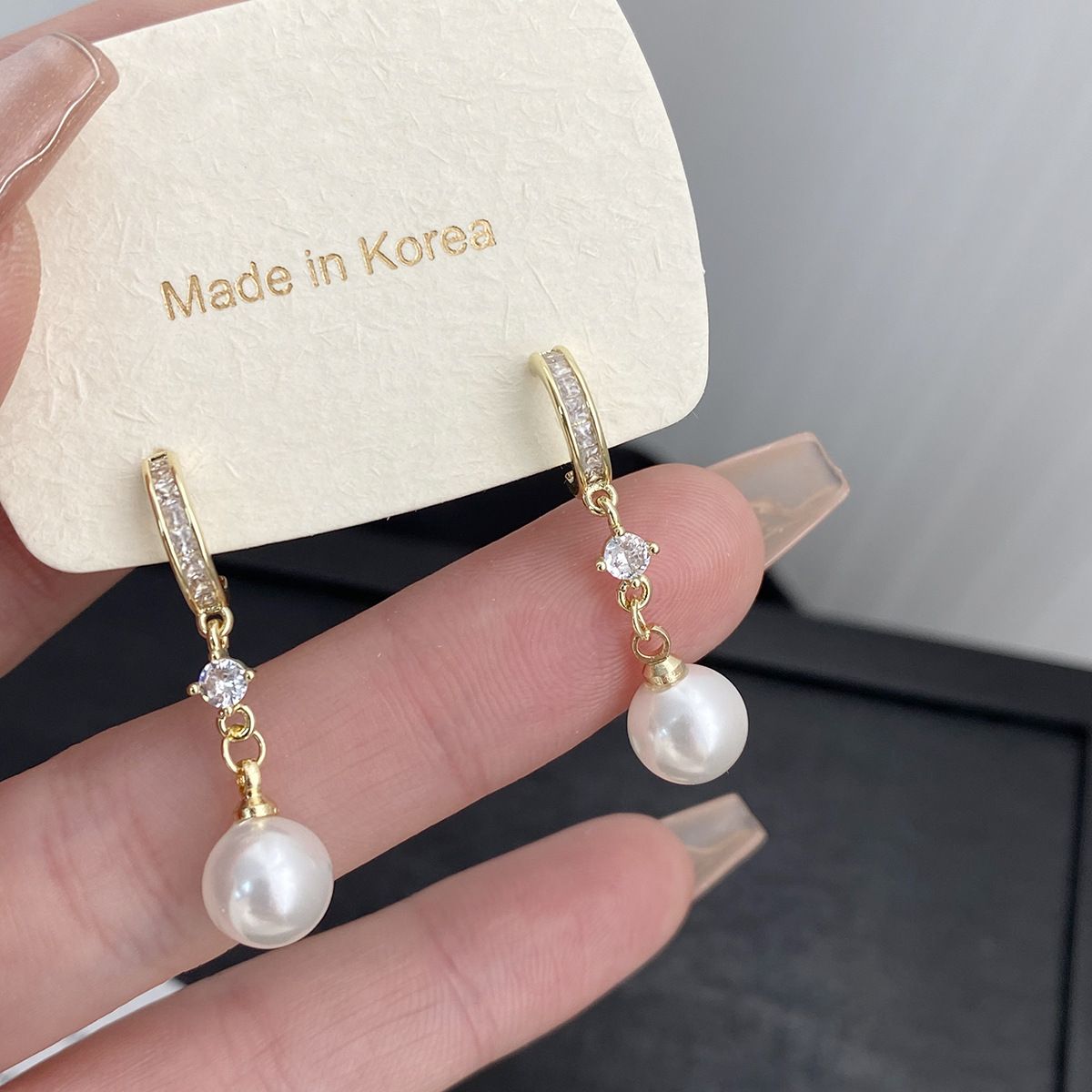 K505 Women's Simple Zircon Pendant Earrings Mid-Length Pearl Stud Earrings