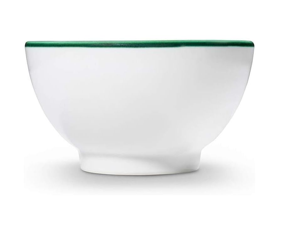 Retro Glossy Porcelain Ceramic White Round Enamel Bowl With Green Rim - Microwave And Dishwasher Safe - TC-133 / TC-067 / TC-138