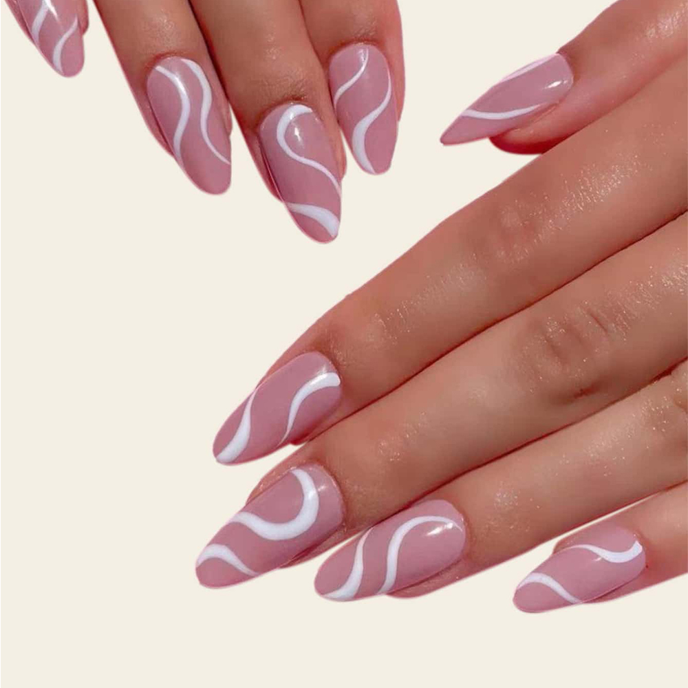 JP1070 Medium Stiletto Press On Nails, 24pcs Glossy Almond Pop Style Nails Full Cover Acrylic Nails White Line Fake Nails with Design for Women & Girls